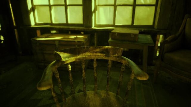 Worn spindle chair facing sunlit window in Namibian farmhouse study, shadows pooling on wooden floor, desk silhouette and nostalgic mood, muted green filter