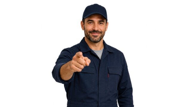 Friendly Professional Worker Pointing at Camera Isolated on White Background