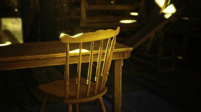 Empty chair back caught in sunlight inside Namibian loft interior, worn grain on spindles and warm contrast create quiet contemplative mood with vintage