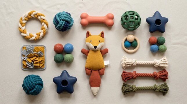 Flat lay of modern pet toys in earthy tones. Collection of stylish dog accessories and plush fox toy on neutral background