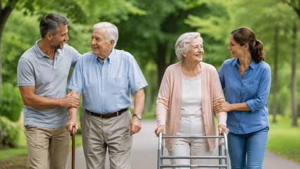Naklejka premium Adult Children Supporting Elderly Parents Walking with Cane and Walker in Park