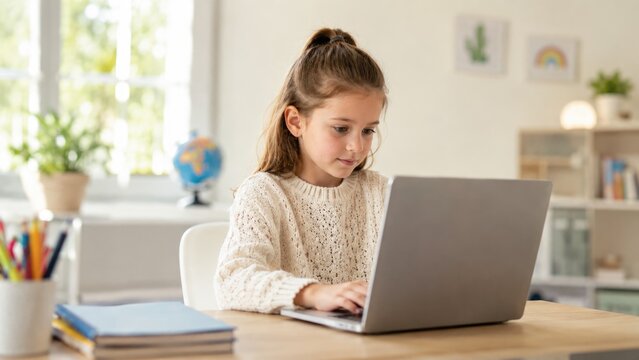 Young Schoolgirl Using Laptop for Online Learning at Desk in Bright Home Study Room