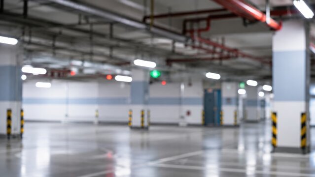 Empty Modern Underground Parking Garage with Industrial Lighting
