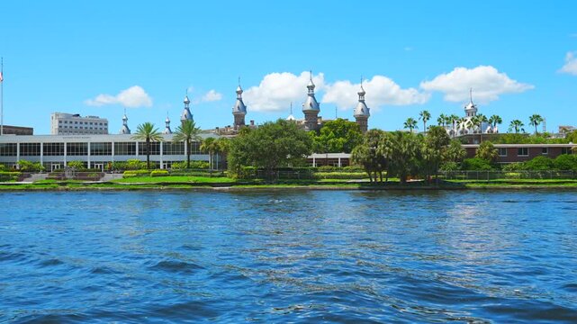Tampa, Florida USA - Jan 03, 2024: Tampa Hillsborough riverwalk, downtown and University of Tampa landscape