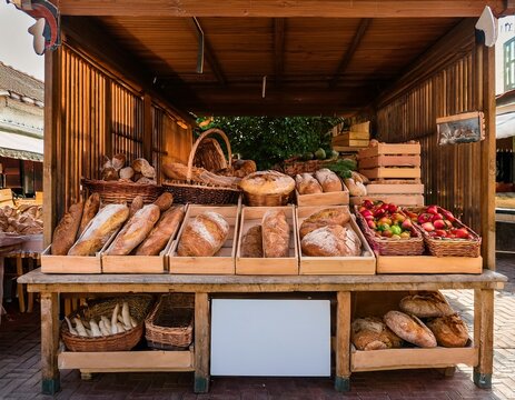 farmers market with artisanal bread and organic produce displayed with ample space for promotional text