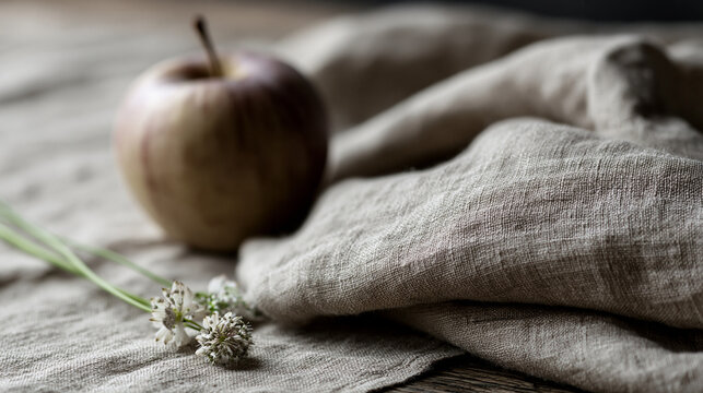 Fresh apple on textured fabric with delicate flowers nearby.