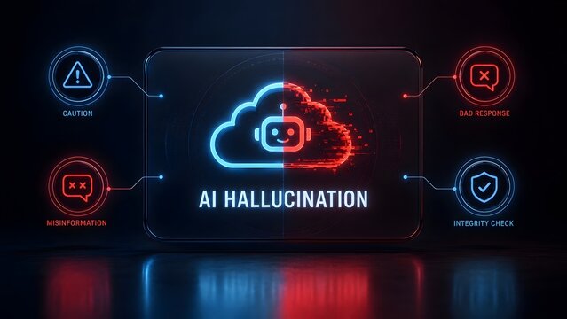 Futuristic glowing glass tablet displaying AI hallucination concept with warning signs of misinformation and glitchy robot icon in a dark cyber environment