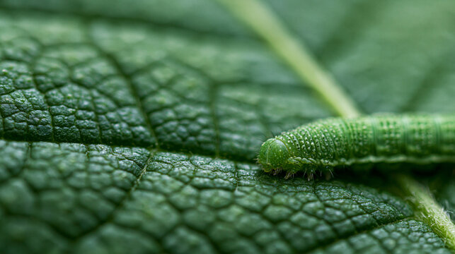 Green caterpillar on a textured leaf, showcasing nature's intricate details.