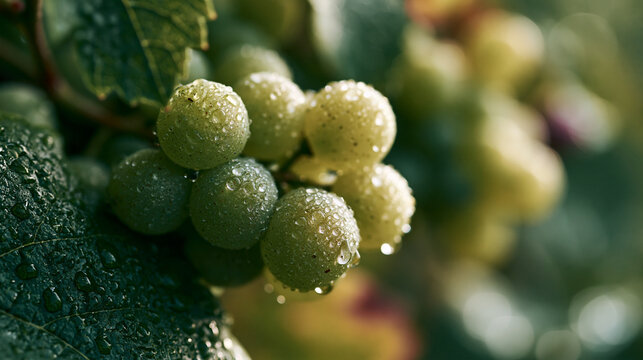Fresh green grapes glistening with dew in a serene natural setting.