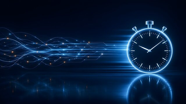 High speed glowing blue digital stopwatch leaving a trail of fiber optic circuit lines symbolizing rapid technology and fast data transfer
