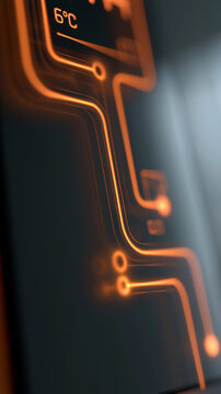 Abstract close-up of glowing circuitry design with warm orange tones.
