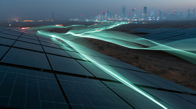 Illuminated solar panels at dusk with a city skyline in the background.