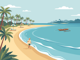 Obraz premium Tropical Beach Scene with Palm Trees and Ocean Waves.