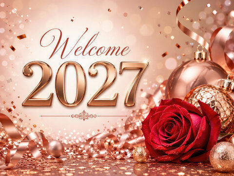 Welcome 2027 New Year Background with Rose Gold Decorations and Red Rose