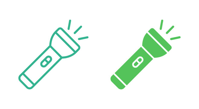 Green flashlight icons in outline and solid fill simple silhouette