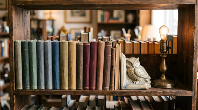 Vintage bookshelf with antique books and owl bookend