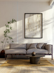 Fototapeta premium 3D render, illustration Fan Ventilation Large Luxury modern living room interior, brutalist architecture realistic lighting, Graphic Overlay wide angle, contemporary furniture, clean lines, minimal