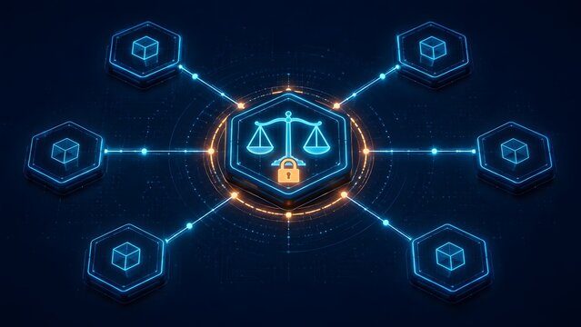 Central hexagonal legal node with scales of justice and lock connected to surrounding blocks illustrating blockchain law and network compliance