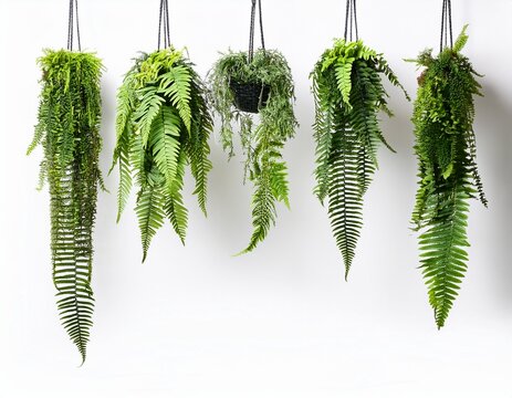 hanging ferns in a row isolated on white background