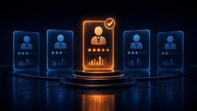 Futuristic talent acquisition concept displaying a top rated glowing job candidate profile card on a digital podium among other applicants