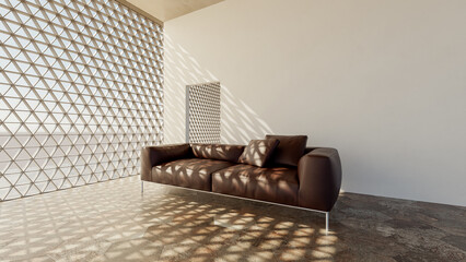 Fototapeta premium 3D render, illustration Fan Ventilation Large Luxury modern living room interior, brutalist architecture realistic lighting, Graphic Overlay wide angle, contemporary furniture, clean lines, minimal