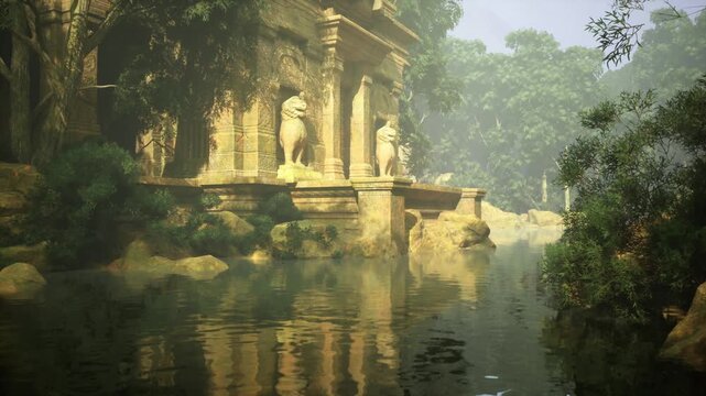Foggy dawn over submerged temple ruins, low contrast light, half sunken stones, calm reflective water, faint vegetation silhouettes, mood of mystery and quiet