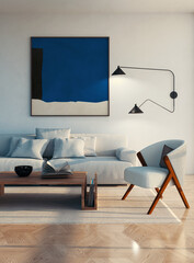 Fototapeta premium 3D render, illustration Fan Ventilation Large Luxury modern living room interior, brutalist architecture realistic lighting, Graphic Overlay wide angle, contemporary furniture, clean lines, minimal