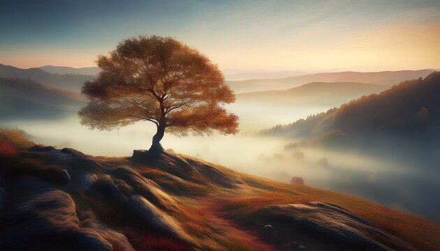a tree stands alone on a hill in a foggy misty landscape