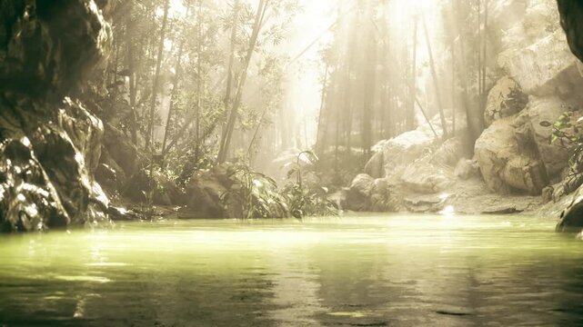 Sunlit jungle pool with emerald water, rocky banks, subtle mist rising, mirrorlike reflections, explorer discovery setting, adventurous atmosphere