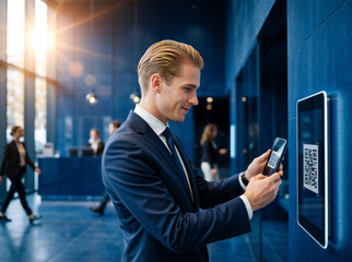 Fototapeta premium Businessman scanning a QR code with his smartphone in a modern office lobby. Professional Caucasian male using a mobile app for digital access on a wall mounted screen