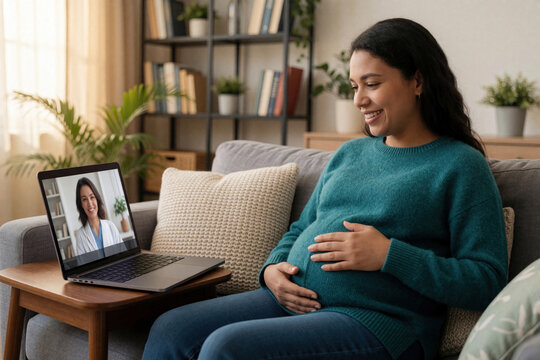 Pregnant woman has online medical consultation via laptop. Expecting mother connects with doctor remotely from home couch. Digital health service provides virtual prenatal care convenience.