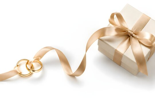 Wedding Rings Connected by Silk Ribbon Leading to Luxury Box for Symbolic Romantic Anniversary Gift