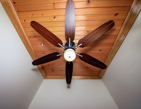ceiling mounted fan with five wooden blades dark metal housing and integrated light