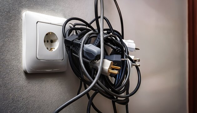 close up of wall outlet with connected adapters plugs and tangled cables