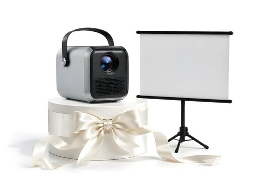 Portable Projector Gift with Satin Bow and Mini Screen for Romantic Home Movie Night Entertainment