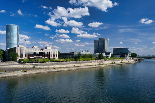 Cologne, Germany August 02 2026: Low water level of the Rhine River in summer 2026 showing exposed riverbed and Rheinboulevard in Cologne