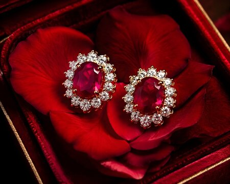 Ruby Earrings on Red Rose Petals in Velvet Case, Luxurious Romantic Jewelry Gift for Her