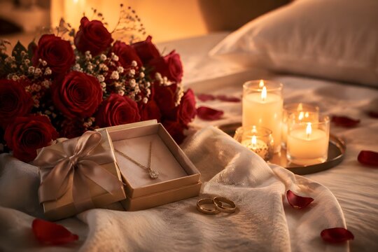 Romantic Bedside Scene with Roses, Necklace, Candles, and Wedding Rings for Anniversary Celebration at Home