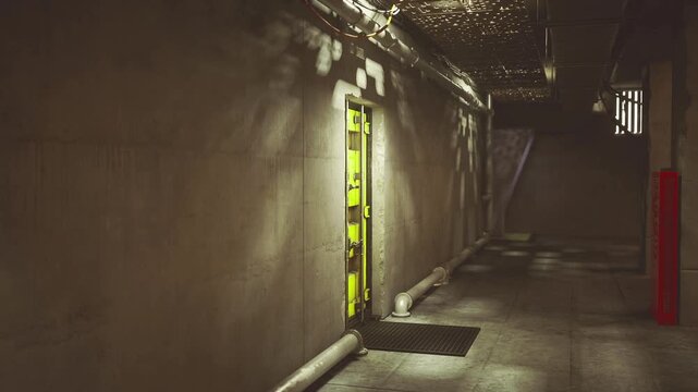Narrow escape route featuring illuminated yellow ladder and protective red posts, dramatic lighting casts long shadows across concrete floor, ideal for safety