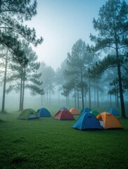 Obraz premium Colorful camping tents sit on green grass field surrounded by tall pine trees. Thick morning mist covers forest landscape. Peaceful outdoor adventure scene in nature during sunrise. Travelers enjoy