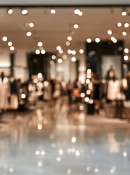 Bright luxury fashion boutique with clothing racks, polished floor reflections and soft bokeh, blurred retail interior for shopping background use
