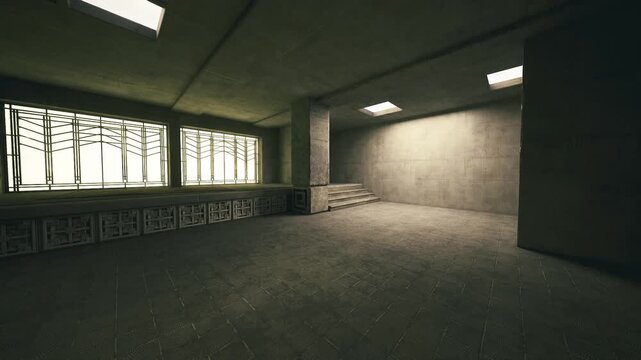 Dim backlit interior space with stairs and high window, soft contrast between shadowed corner and pale light, textured concrete surfaces and empty floor plane,