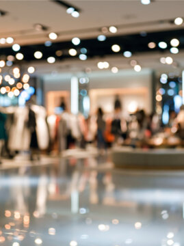 Modern upscale clothing store with apparel displays, ceiling spotlights and colorful bokeh, defocused fashion retail scene for commercial background use