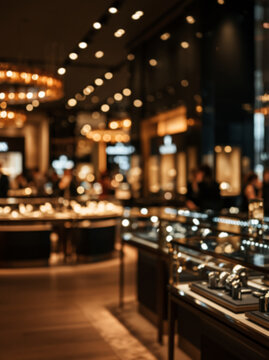 Dark luxury jewelry boutique with illuminated glass showcases, warm amber spotlights and shallow focus, blurred premium retail background for advertising use