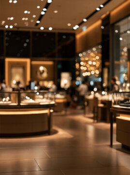 Warm luxury jewelry showroom with glass display counters and golden bokeh, softly blurred upscale retail interior for commercial background use