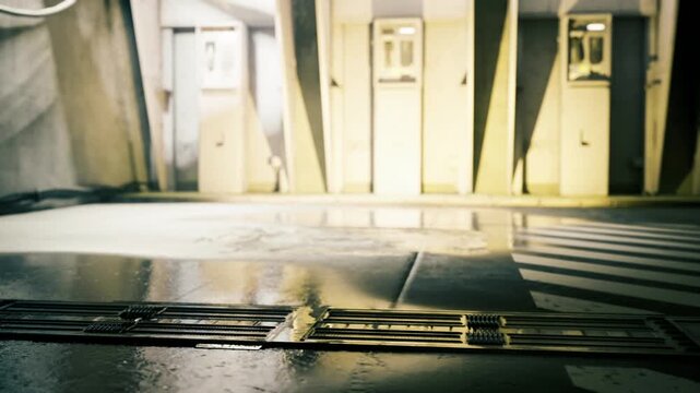 Empty platform reflective wet floor cinematic, shallow puddles highlight tile grooves and metal drains in soft sunrise glow, quiet transit atmosphere suggests