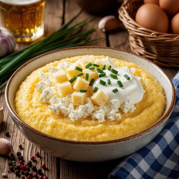 Golden cornmeal polenta with cheese and sour cream served in rustic bowl. Fresh chives garnish this hearty meal. Includes garlic, eggs, beer, and peppercorns on wooden table.