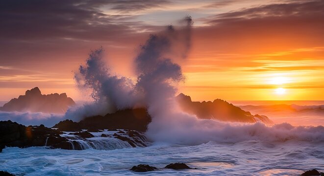 Dramatic ocean waves crashing against rocky coastline at sunset with coastline