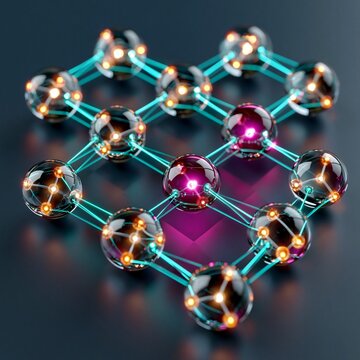 Grid of glass spheres linked by teal rods with glowing magenta cores