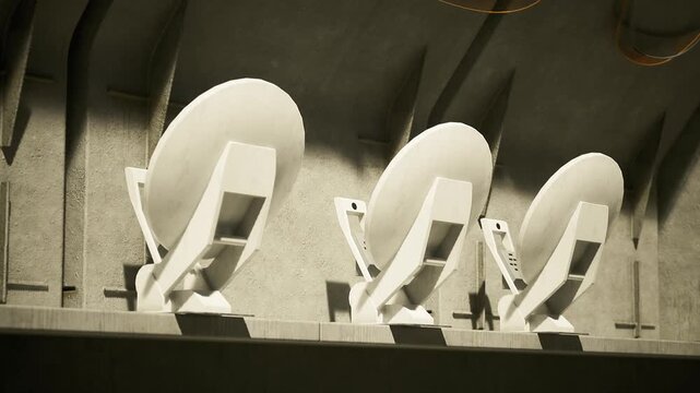 Three white curved reflectors on metal brackets, closeup of mounting hardware and rivets, industrial finish and repetitive assembly, sterile palette with gritty